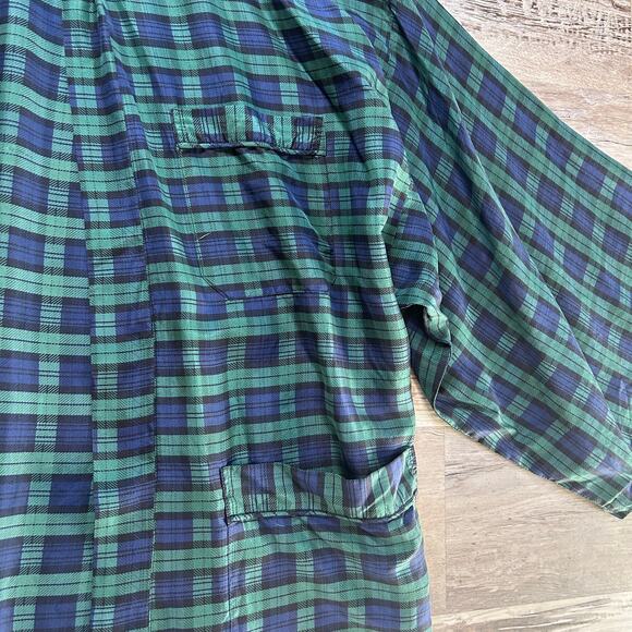 Addiction Kimono Robe 100% Silk Green Navy Plaid Open Front Duster Jacket - Picture 4 of 6